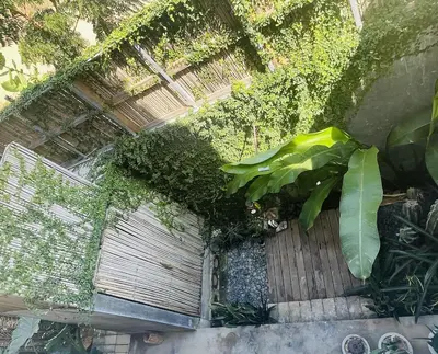 Jardín al aire libre en cabaña a pasos del mar en la costa