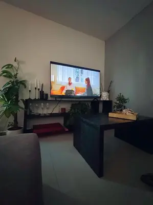Una televisión o centro de entretenimiento en Cómodo departamento