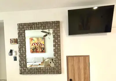 Una televisión o centro de entretenimiento en Aceptamos 1 mascota mini o raza peq selecciona la tarifa CON MASCOTA o paga la tarifa directa al anfitrion