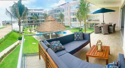Zona de estar de Depa de lujo en Acapulco diamante con club de playa a pie-Precio especial